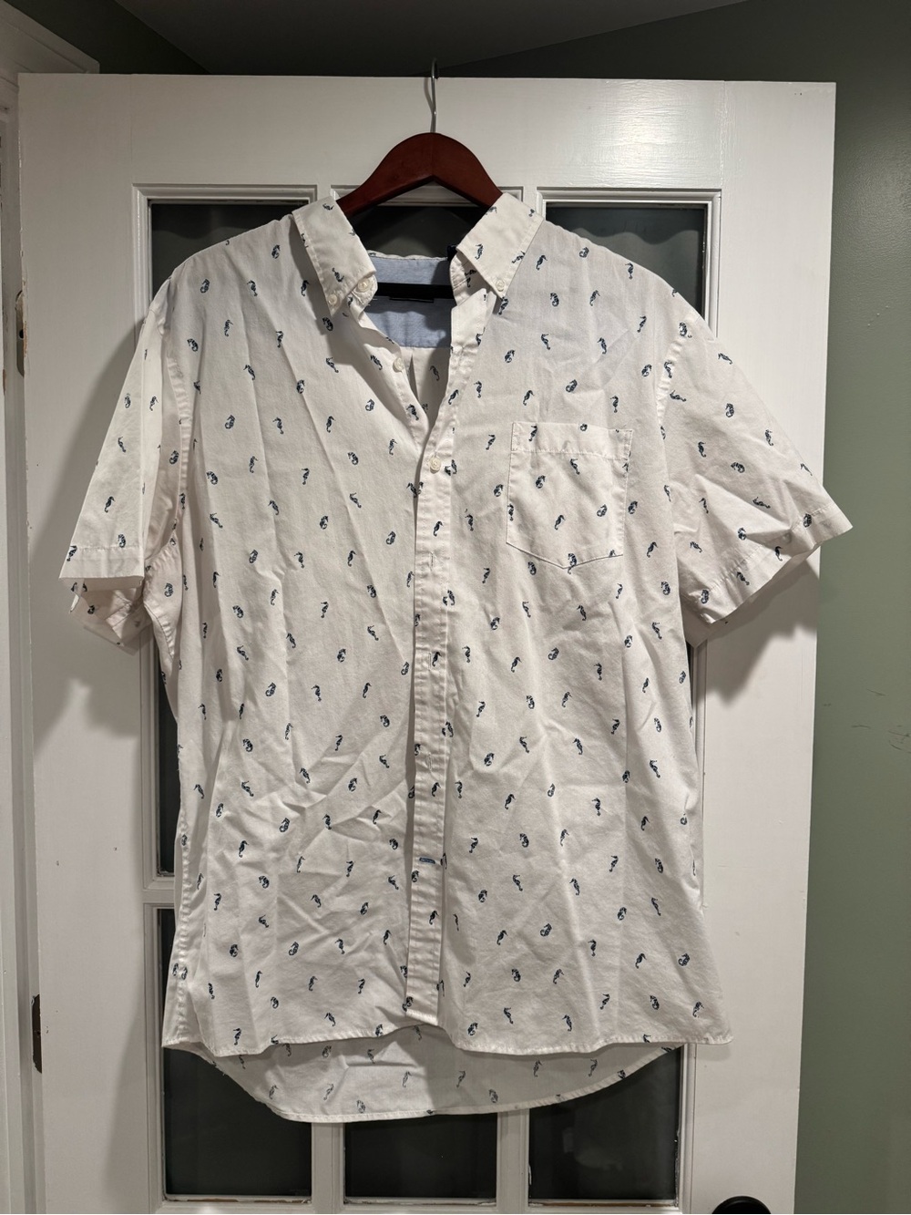 Izod White Short-Sleeve Button-Down with Navy Seahorse Print